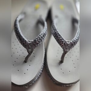 Volatile Gray/Silver Flip Flop Sandals with Yellow Flame Logo  -Like New!